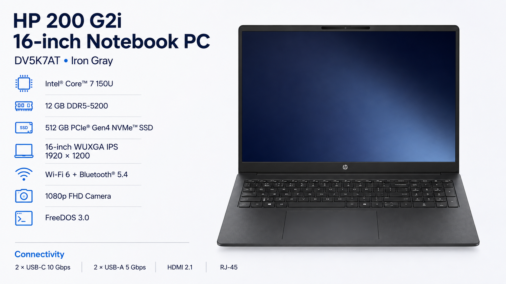 HP 200 G2i 16-inch Notebook PC Core 7 150U 12GB 512GB WUXGA Iron Gray Overview