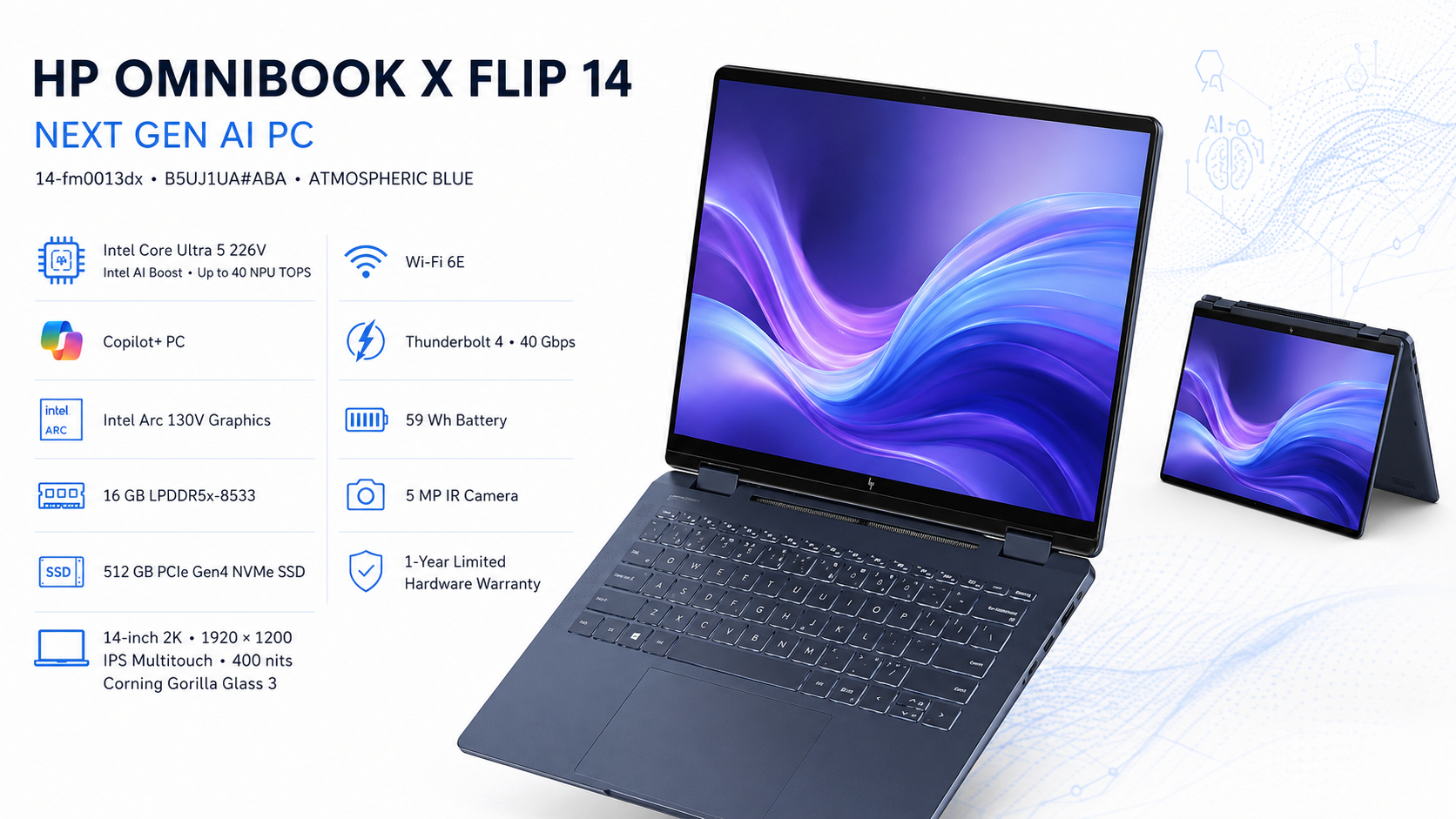 HP OmniBook X Flip 14-fm0013dx 14-inch 2K Touch Copilot+ PC Core Ultra 5 16GB 512GB Atmospheric Blue Overview