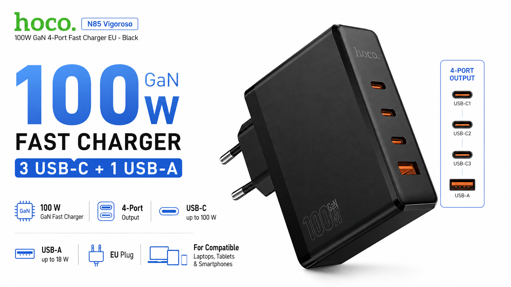 HOCO N85 Vigoroso 100W GaN 4-Port Fast Charger EU Black Overview