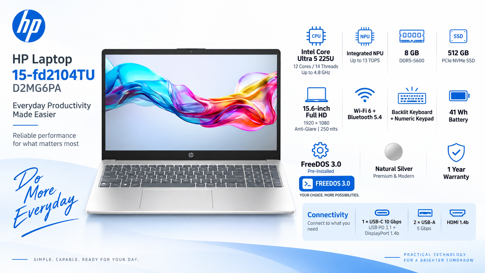 HP 15-fd2104TU Core Ultra 5 225U 8GB 512GB 15.6-inch FHD Laptop Natural Silver Overview