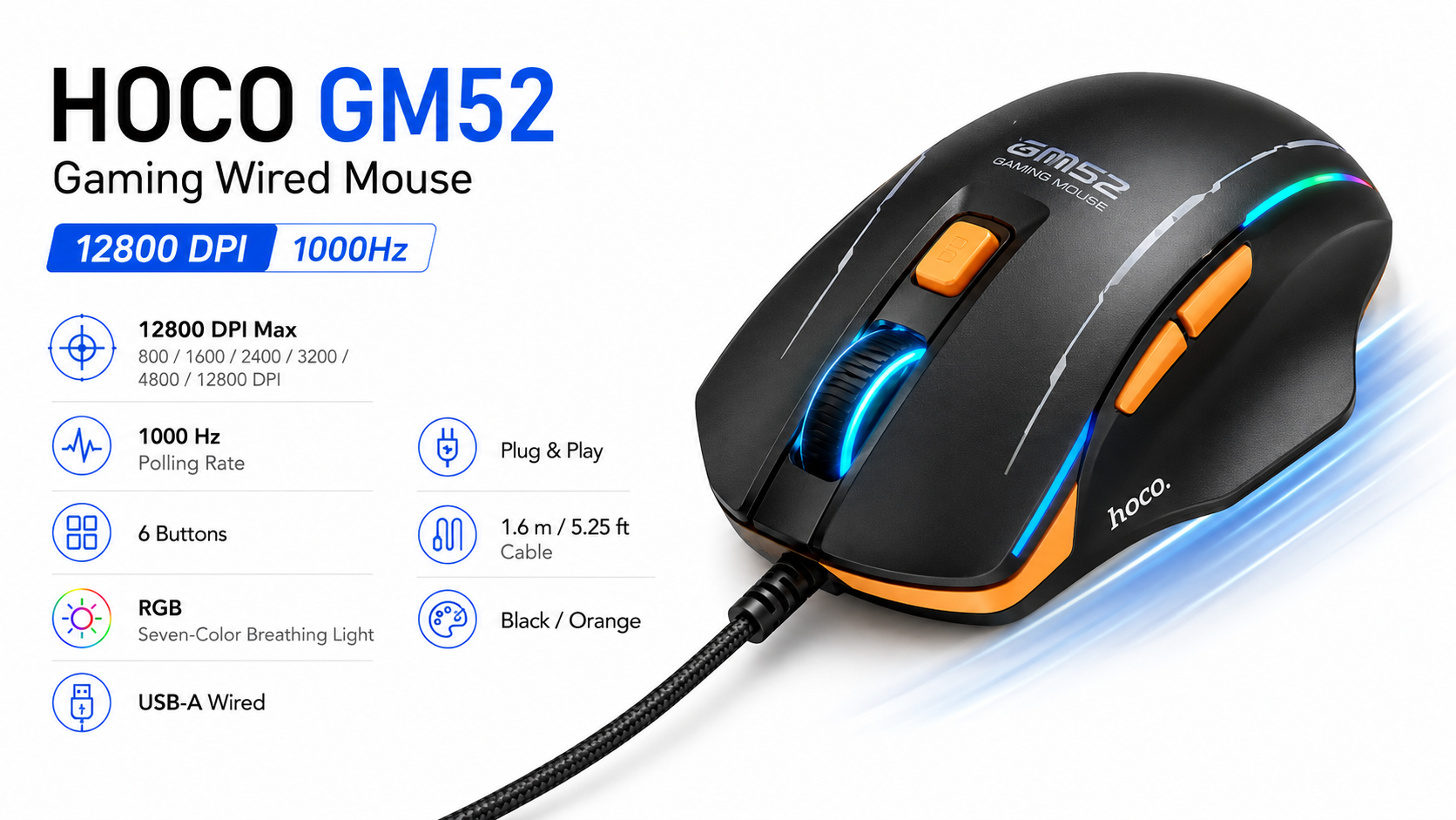 HOCO GM52 Gaming Wired Mouse 12800 DPI 1000Hz Black Orange Overview