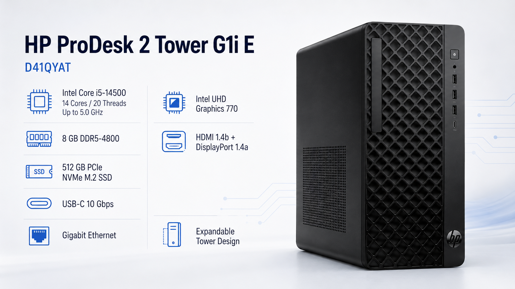 HP ProDesk 2 Tower G1i E Core i5-14500 8GB 512GB SSD Desktop PC Overview