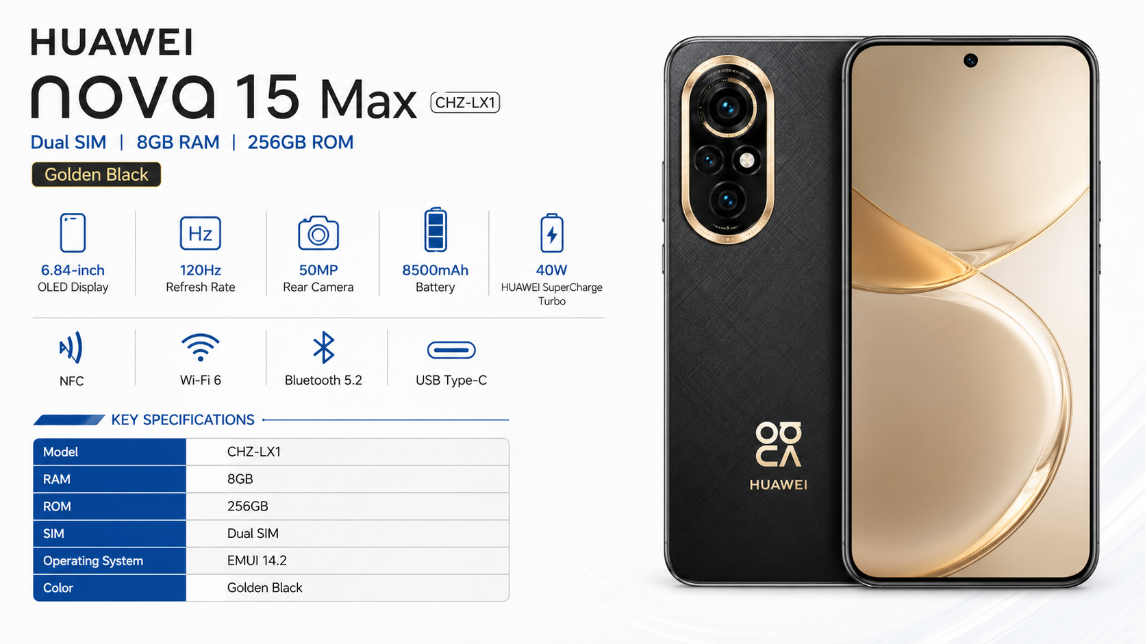 Huawei nova 15 Max CHZ-LX1 Dual SIM 8GB 256GB Golden Black Overview