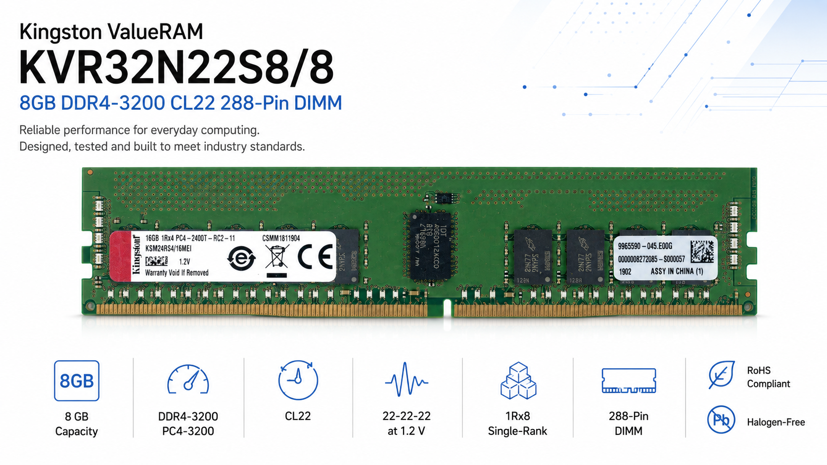 Kingston ValueRAM KVR32N22S8/8 8GB DDR4-3200 CL22 288-Pin DIMM Overview