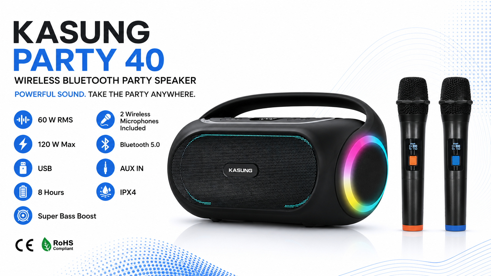 Kasung Party 40 Bluetooth Party Speaker with 2 Wireless Microphones Black Overview