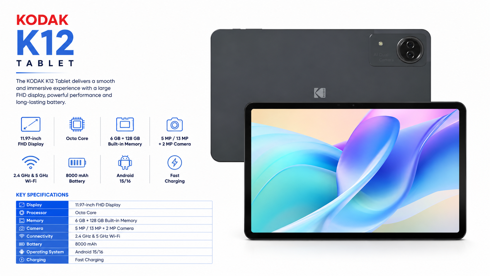 KODAK K12 11.97-inch FHD Octa-Core Tablet 6GB + 128GB Overview