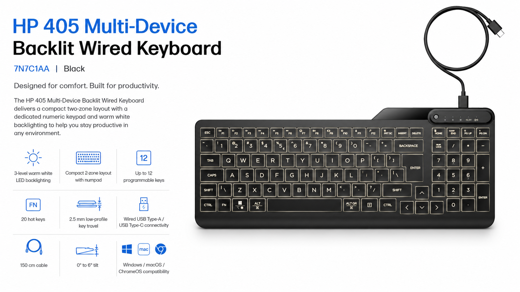 HP 405 Multi-Device Backlit Wired Keyboard Black Overview