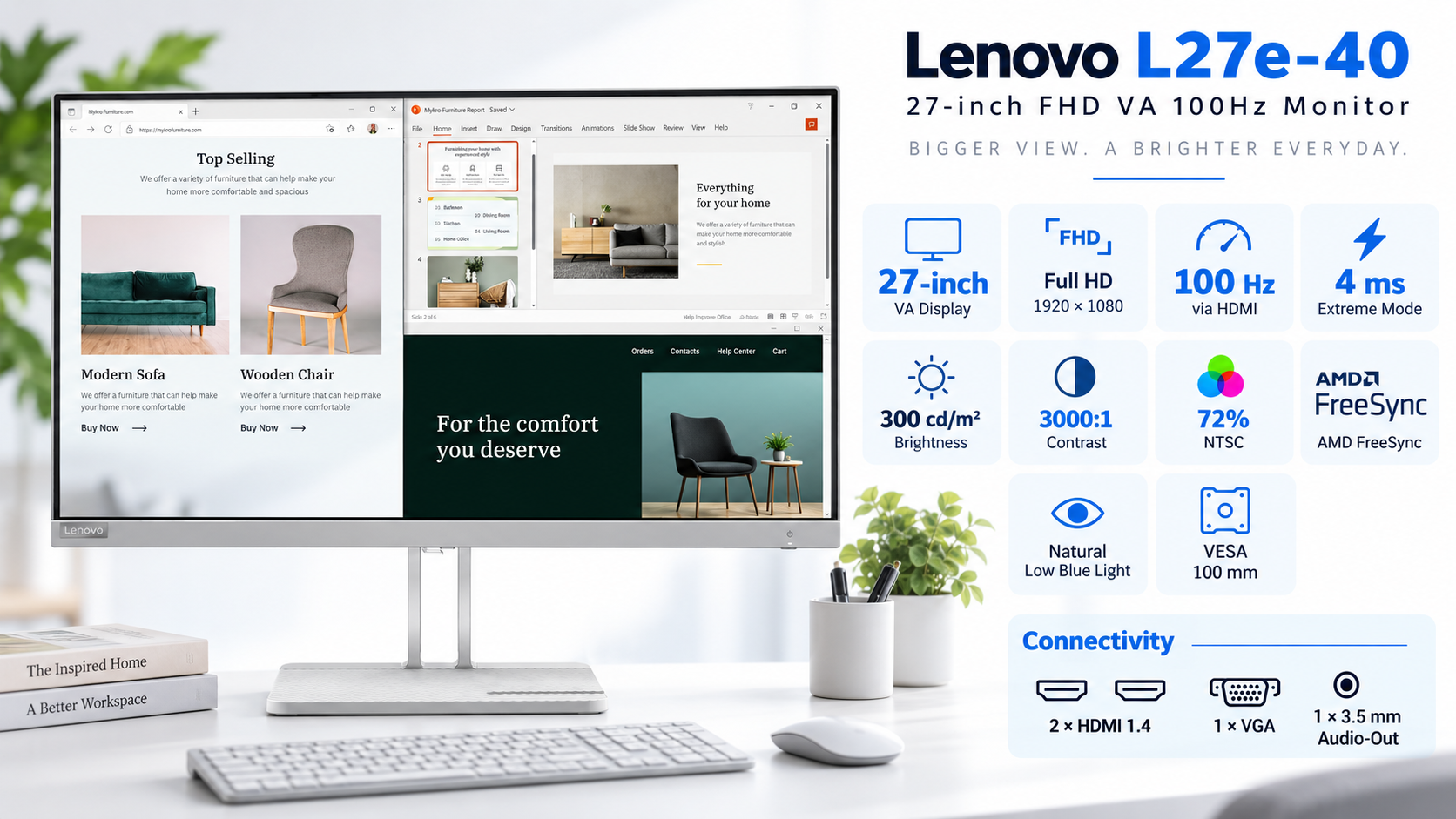 Lenovo L27e-40 27-inch FHD VA 100Hz Monitor Cloud Grey Overview