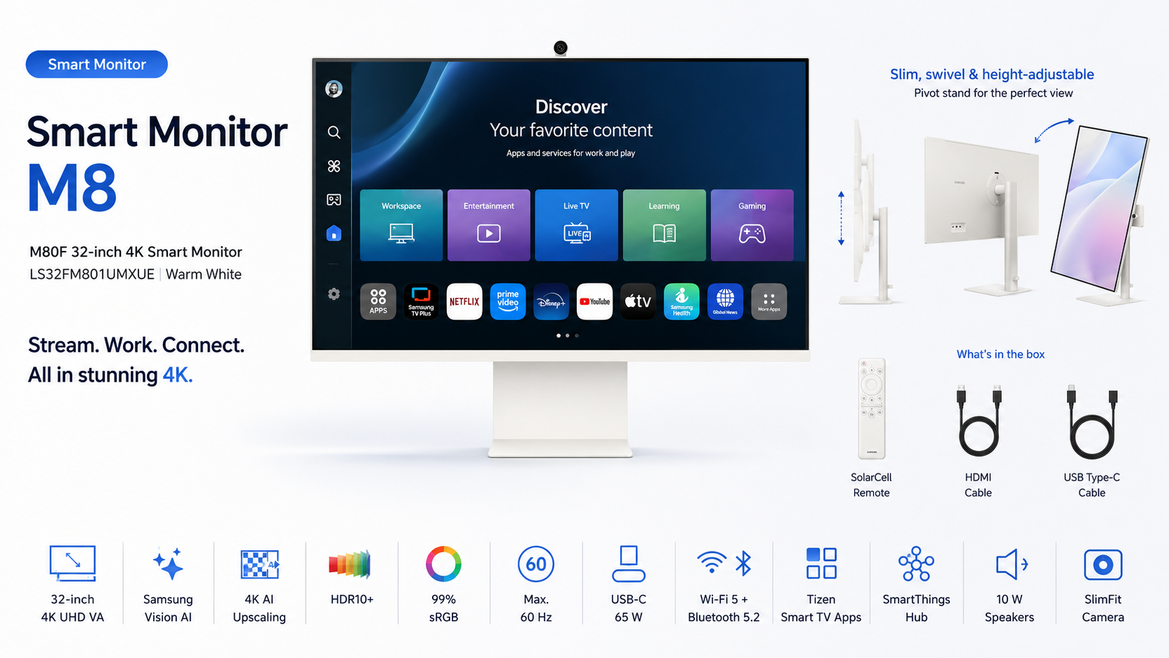Samsung Smart Monitor M8 M80F 32-inch 4K UHD with Vision AI Warm White Overview