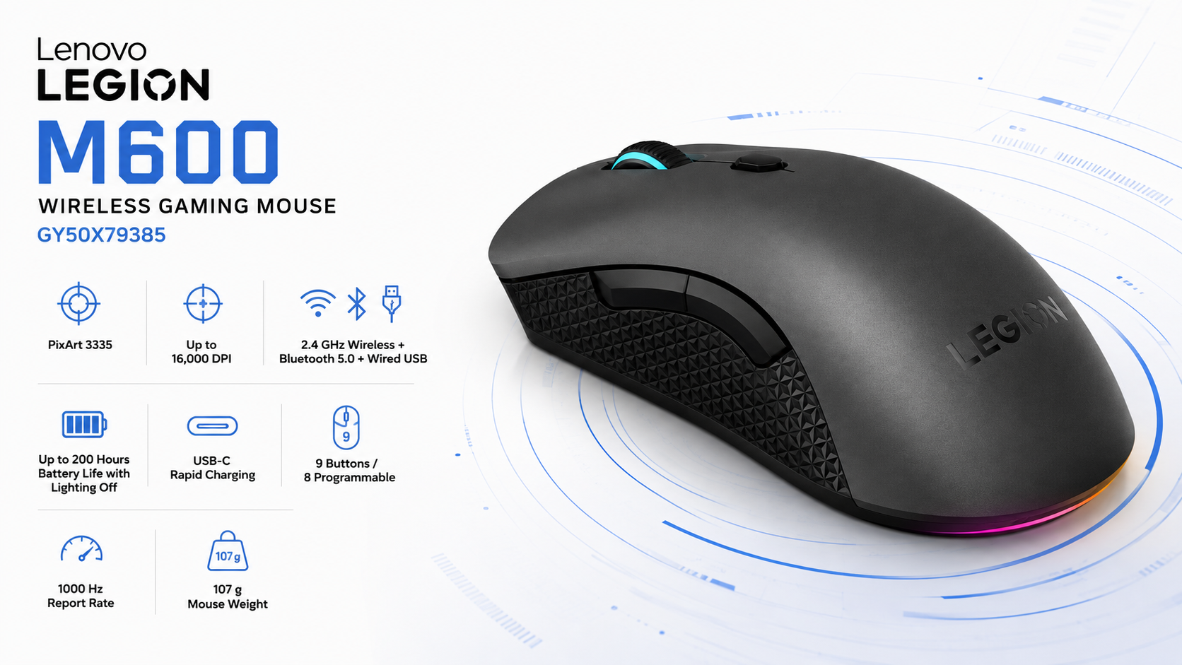 Lenovo Legion M600 Wireless Gaming Mouse Iron Grey and Black Overview