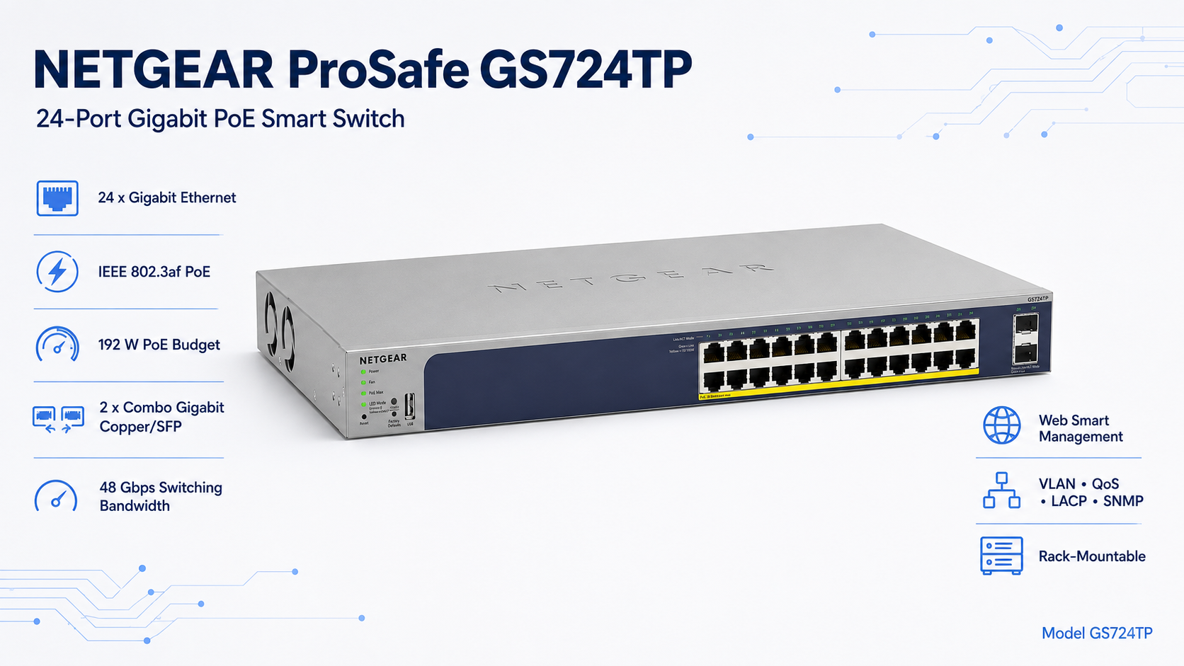 NETGEAR ProSafe GS724TP 24-Port Gigabit PoE Smart Switch with 2 SFP Ports Overview