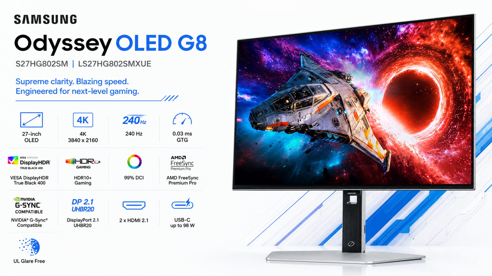 Samsung S27HG802SM 27-inch 4K OLED 240 Hz Gaming Monitor Silver Overview