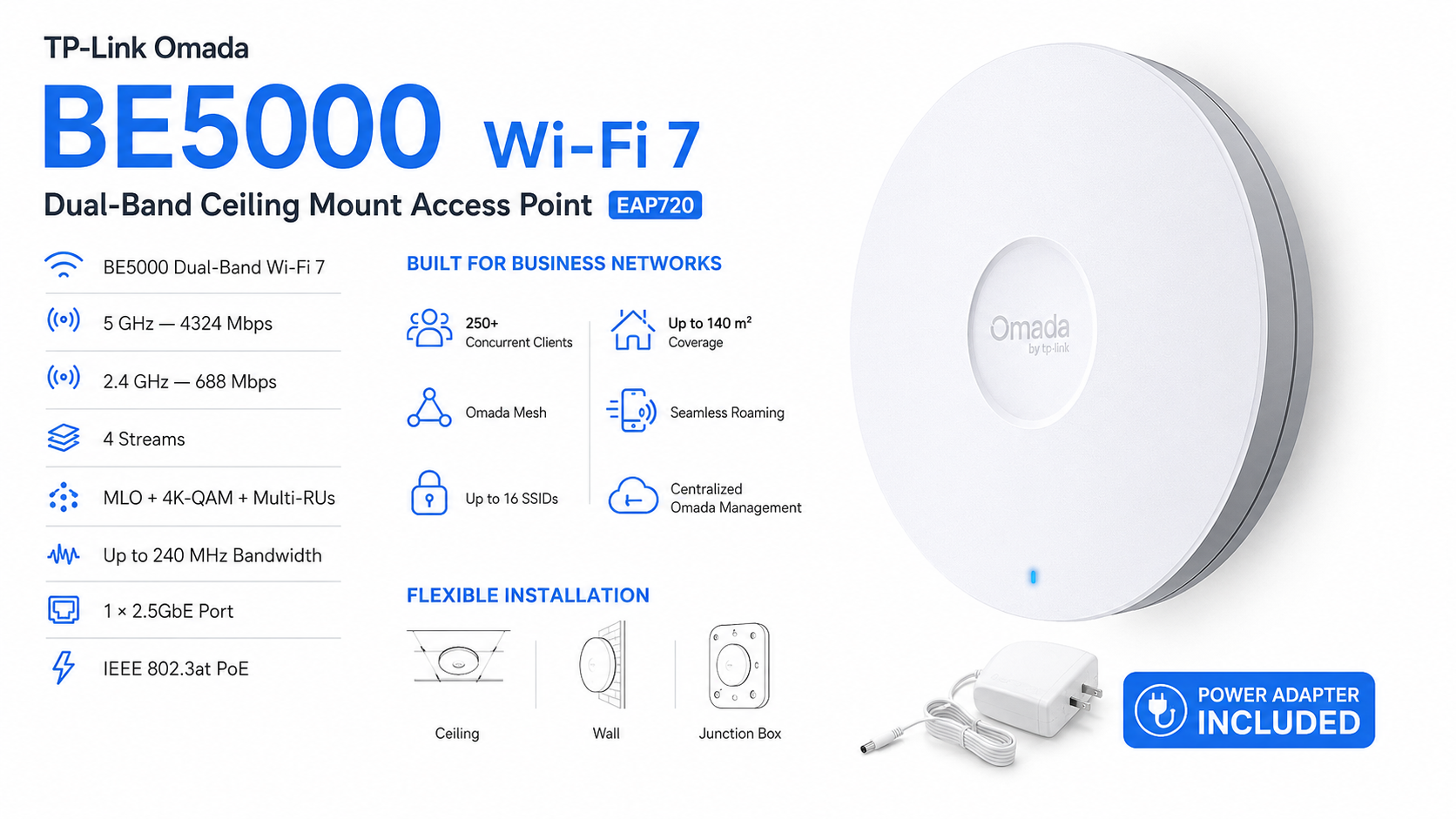 TP-Link Omada EAP720 BE5000 Dual-Band Wi-Fi 7 Ceiling Mount Access Point with Power Adapter Overview