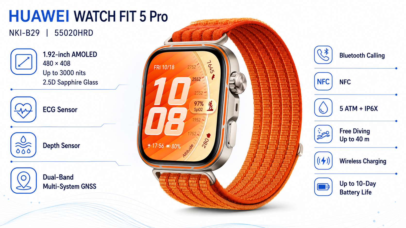 HUAWEI WATCH FIT 5 Pro Smartwatch with Gradient Orange Nylon Strap Grey Orange Overview