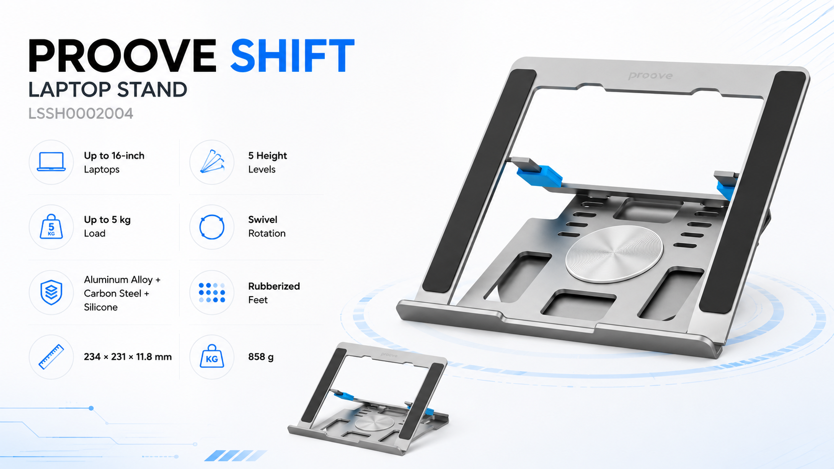 Proove Shift Adjustable Laptop Stand up to 16-inch Silver Overview