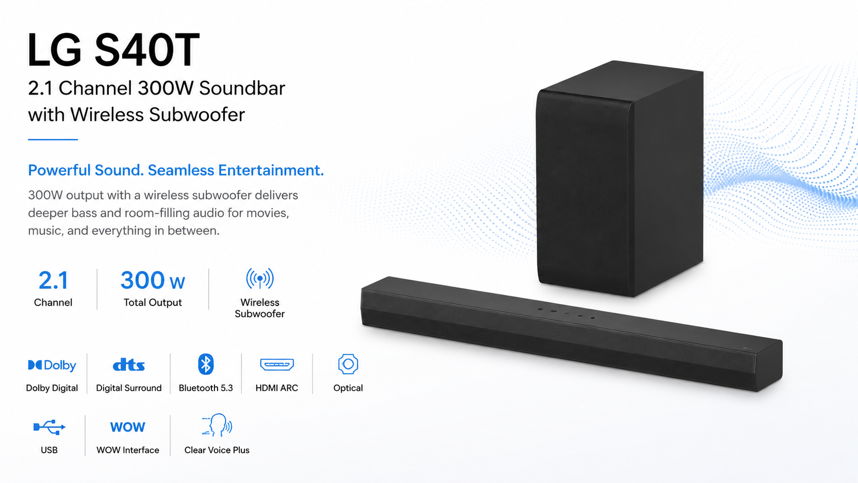 LG S40T 2.1 Channel 300W Soundbar with Wireless Subwoofer Mirror Black Overview