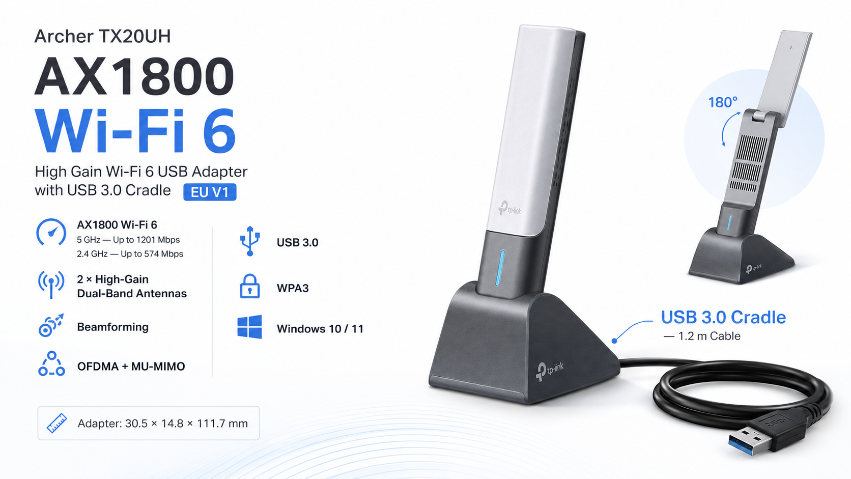 TP-Link Archer TX20UH AX1800 High Gain Wi-Fi 6 USB Adapter with USB 3.0 Cradle EU V1 Overview