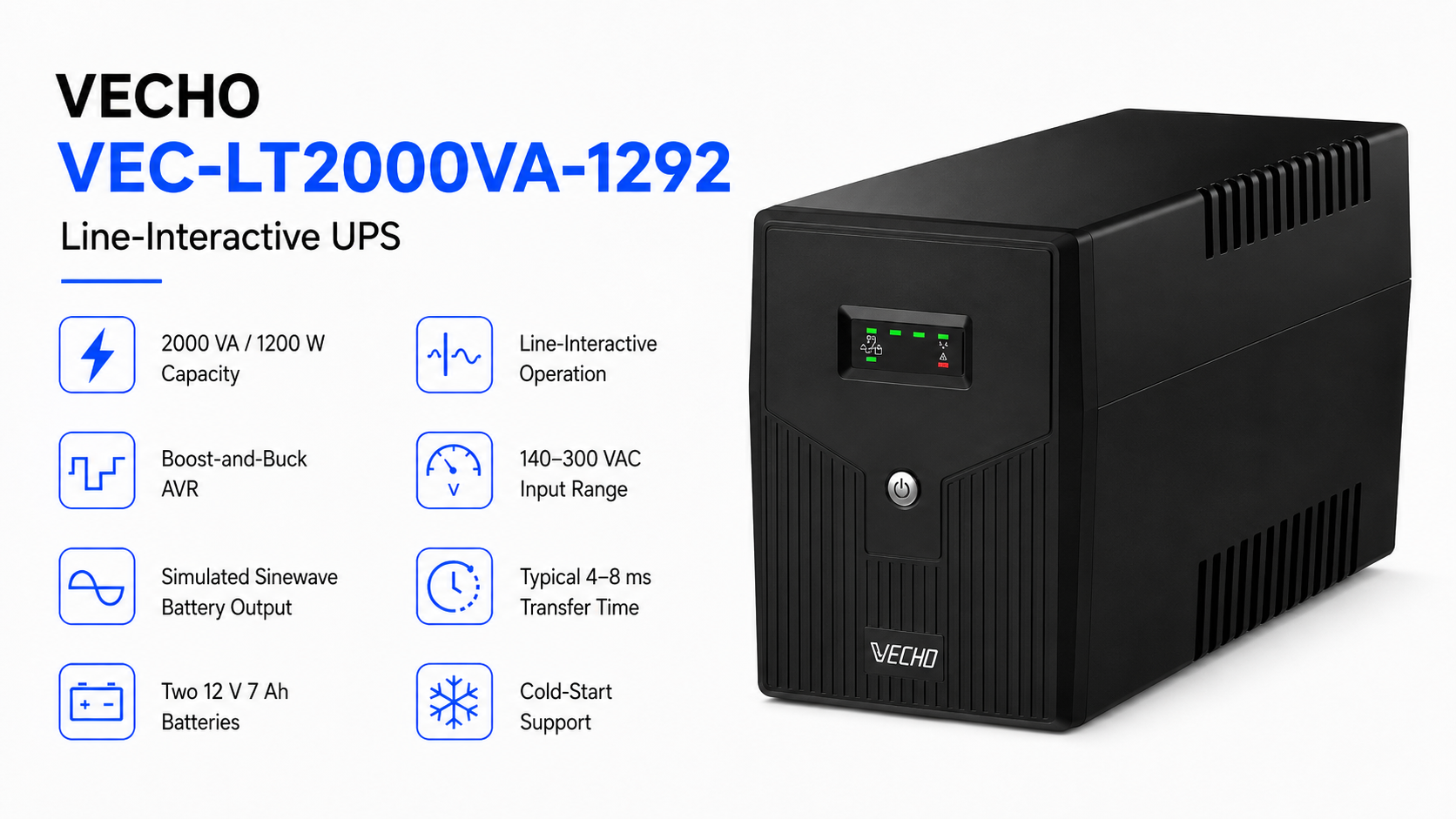 VECHO VEC-LT2000VA-1292 Line-Interactive UPS 2000VA 1200W Overview