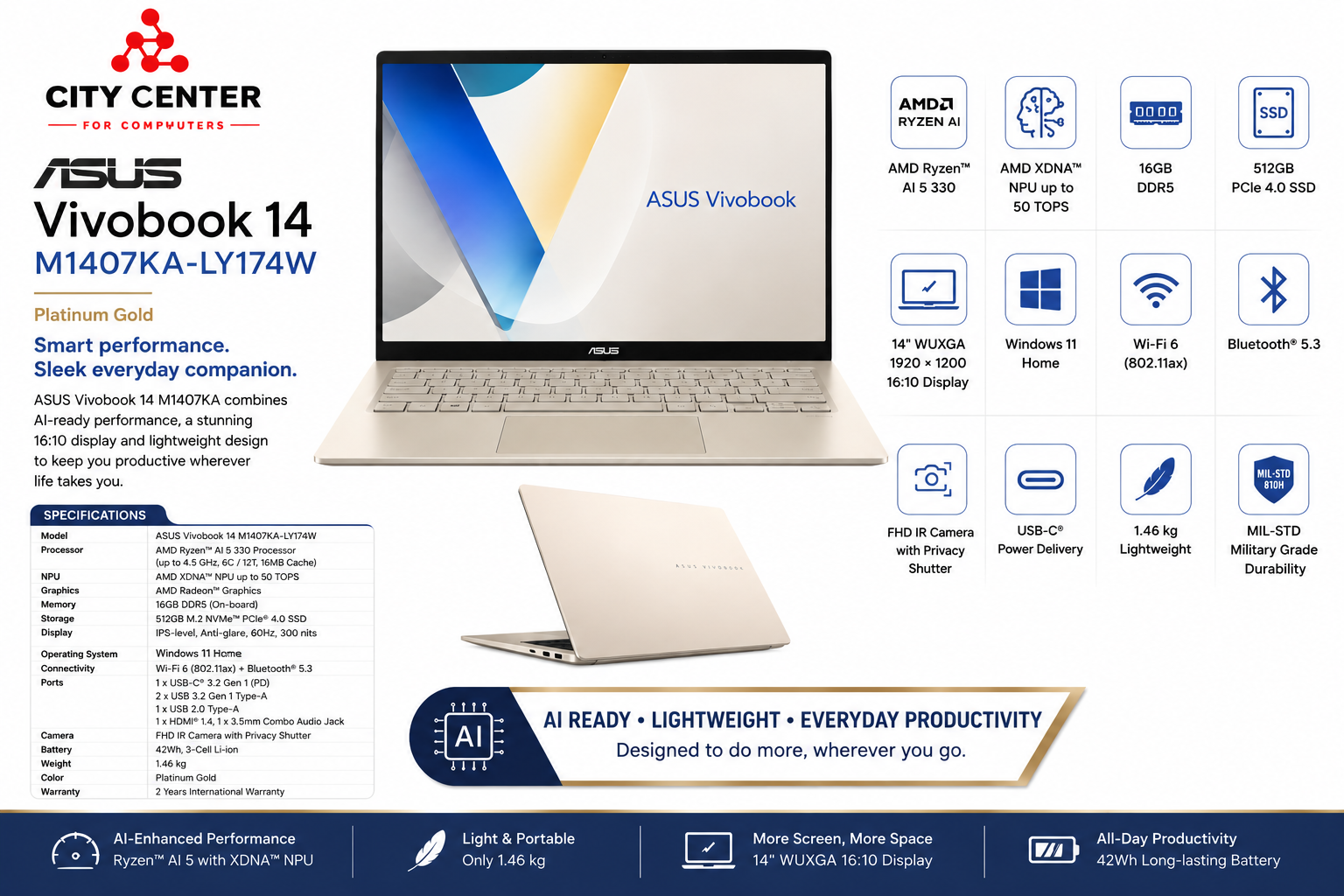 ASUS Vivobook 14 M1407KA-LY174W Ryzen AI 5 Laptop Overview