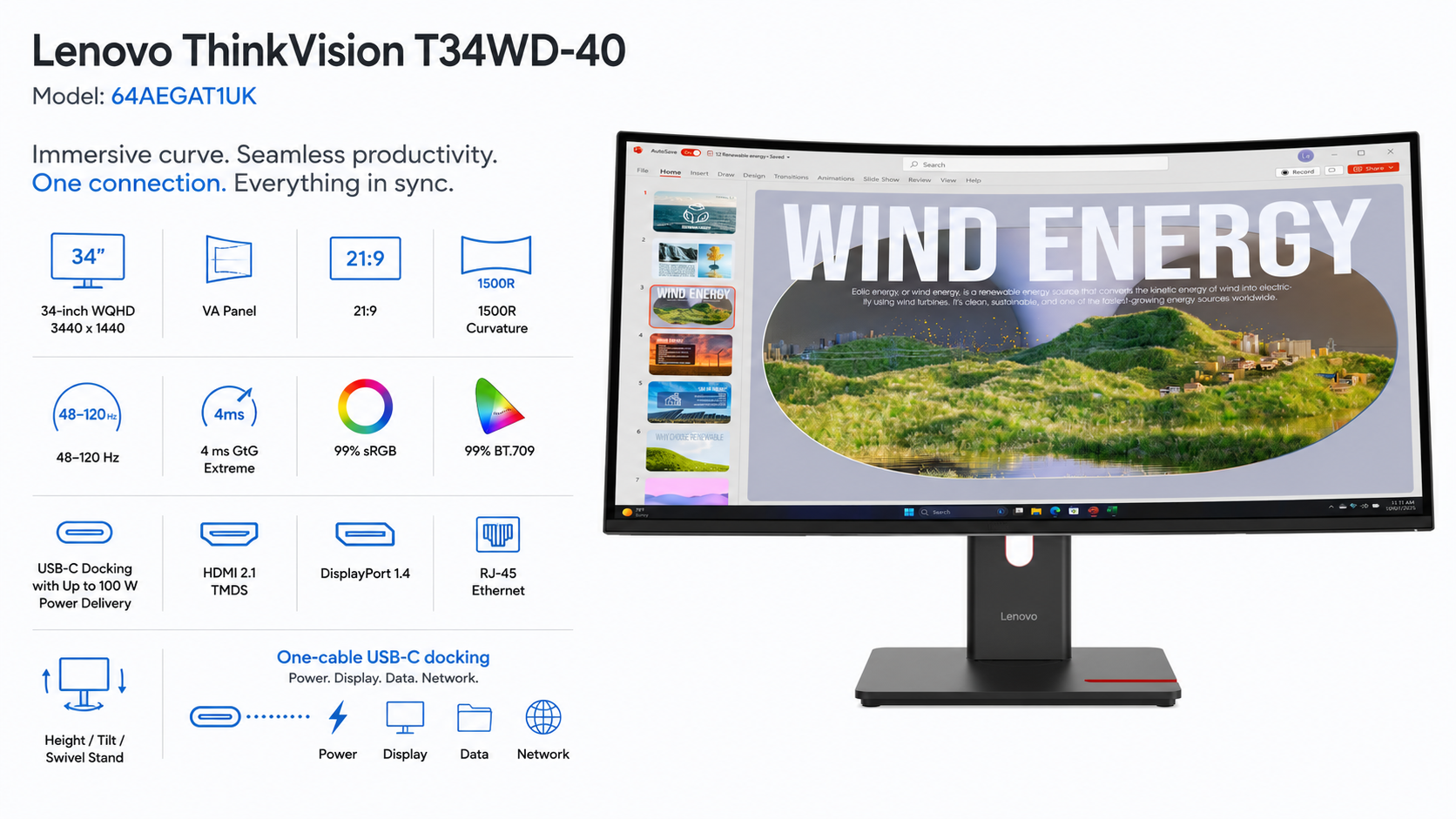 Lenovo ThinkVision T34WD-40 34-inch WQHD 120Hz USB-C Docking Monitor Eclipse Black Overview