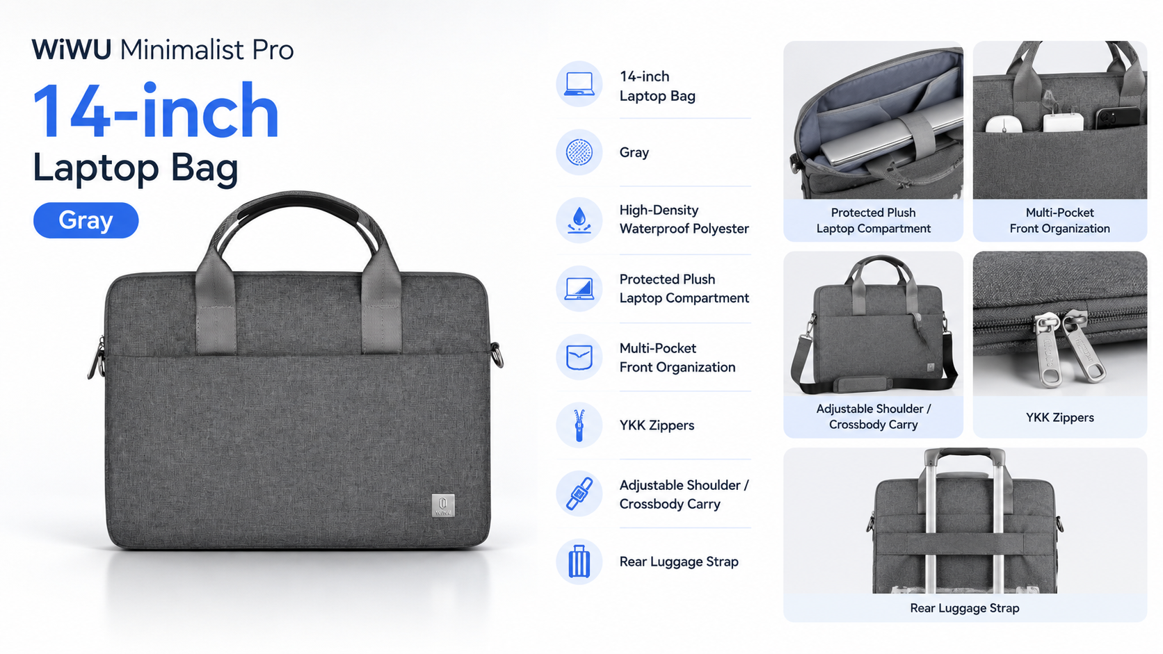 WiWU Minimalist Pro 14-inch Laptop Bag Gray Overview