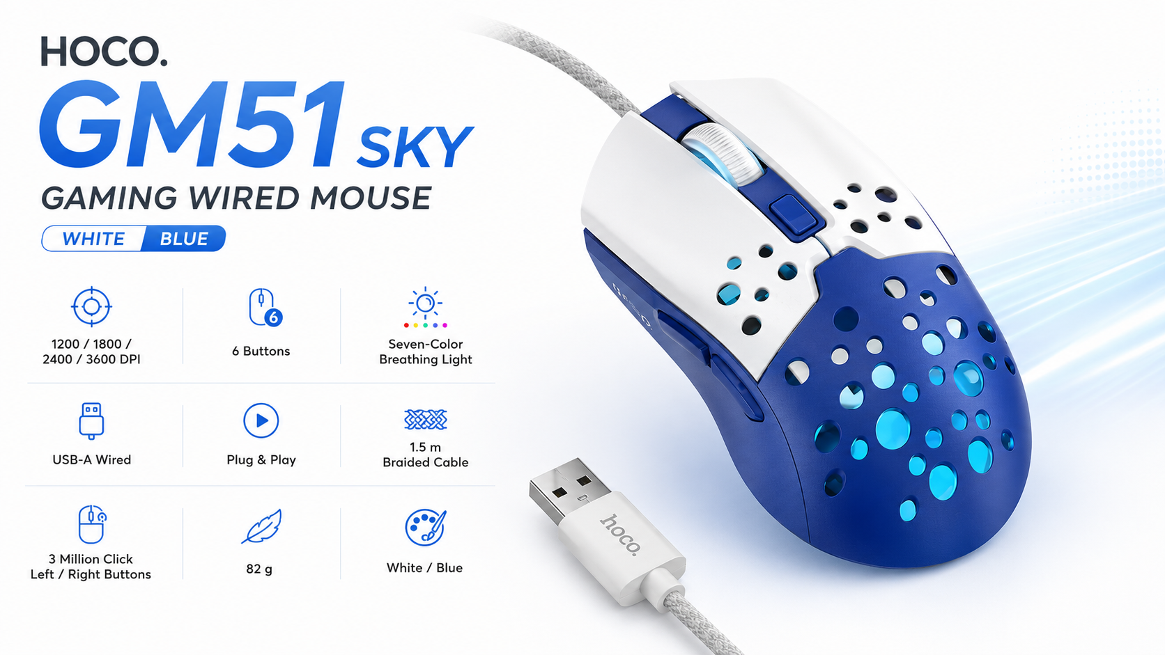 HOCO GM51 Sky Gaming Wired Mouse 3600 DPI 6-Button White Blue Overview