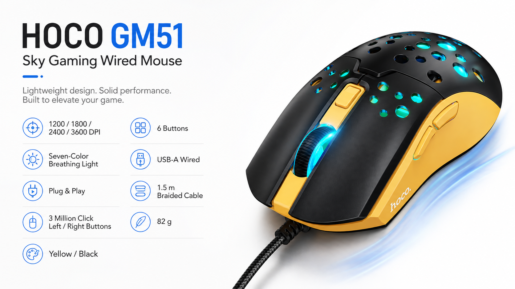 HOCO GM51 Sky Gaming Wired Mouse 3600 DPI 6-Button Black Yellow Overview