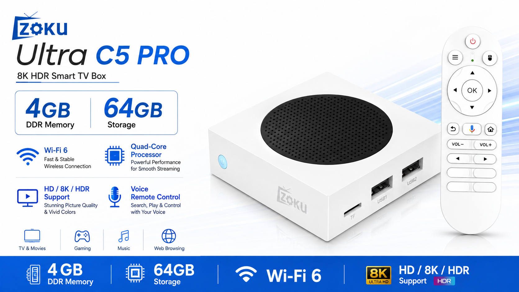 ZOKU Ultra C5 PRO 4GB 64GB Wi-Fi 6 8K HDR Smart TV Box Overview
