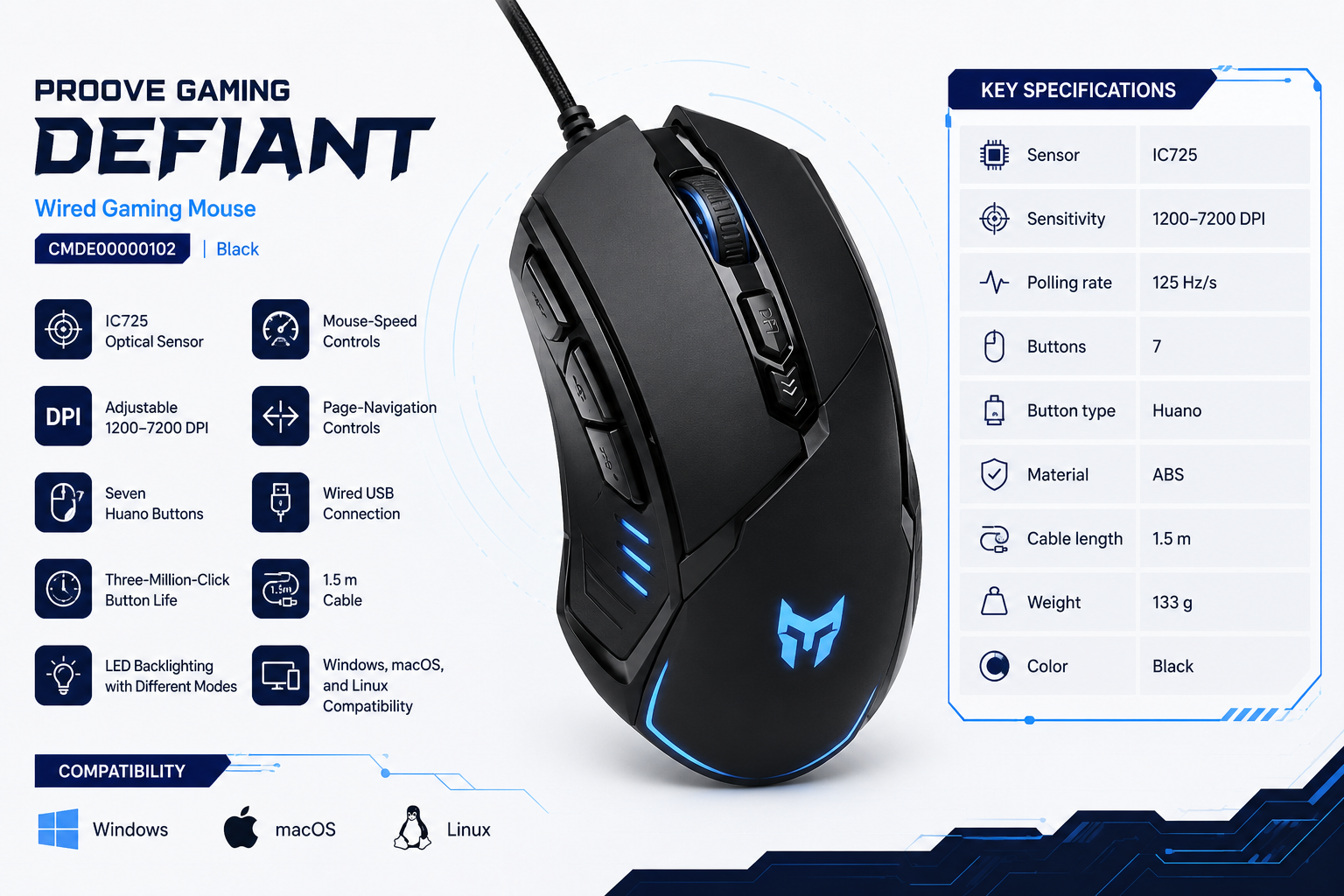 Proove Gaming Defiant Wired Gaming Mouse 7200 DPI Black Overview
