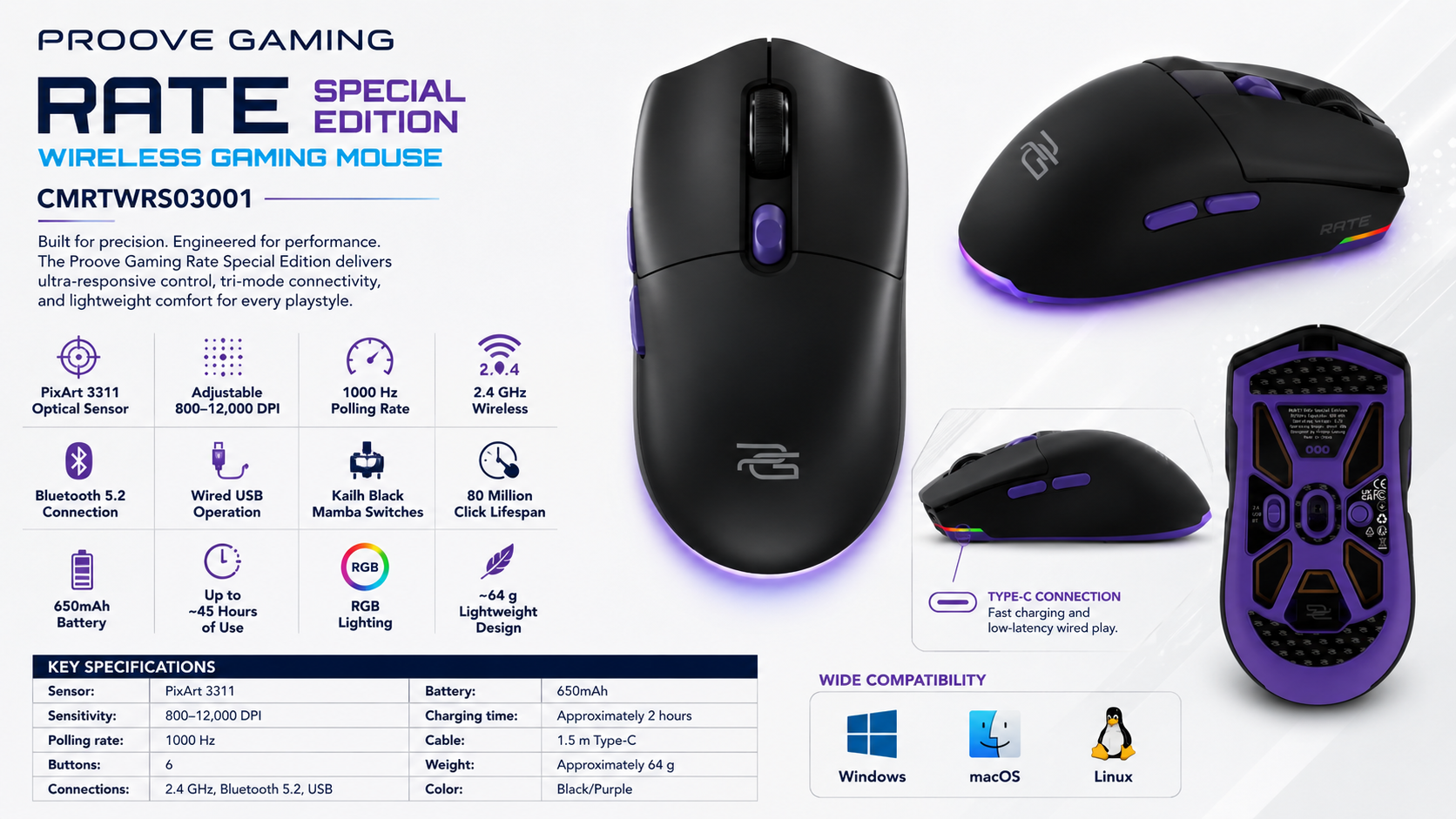 Proove Gaming Rate Special Edition Wireless Gaming Mouse Black Purple Overview