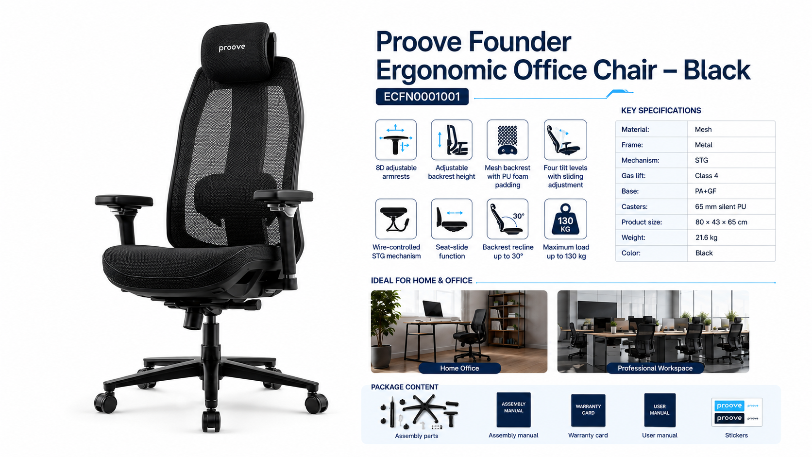 Proove Founder Ergonomic Office Chair with 8D Armrests Black Overview