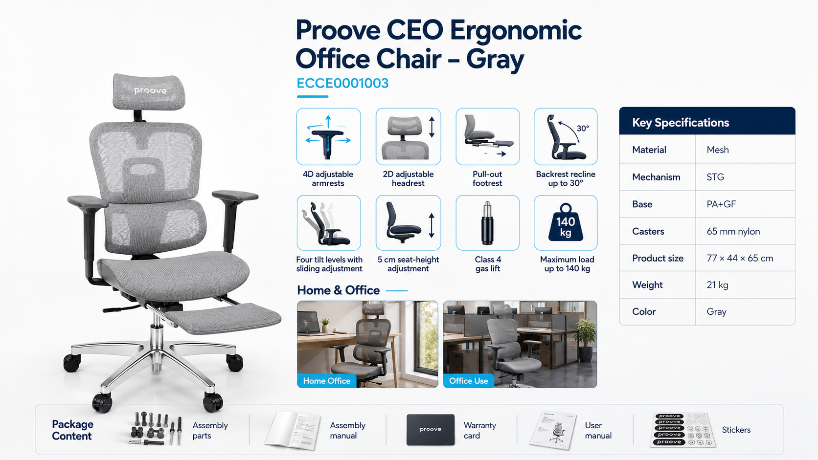 Proove Founder Ergonomic Office Chair with 8D Armrests Gray Overview