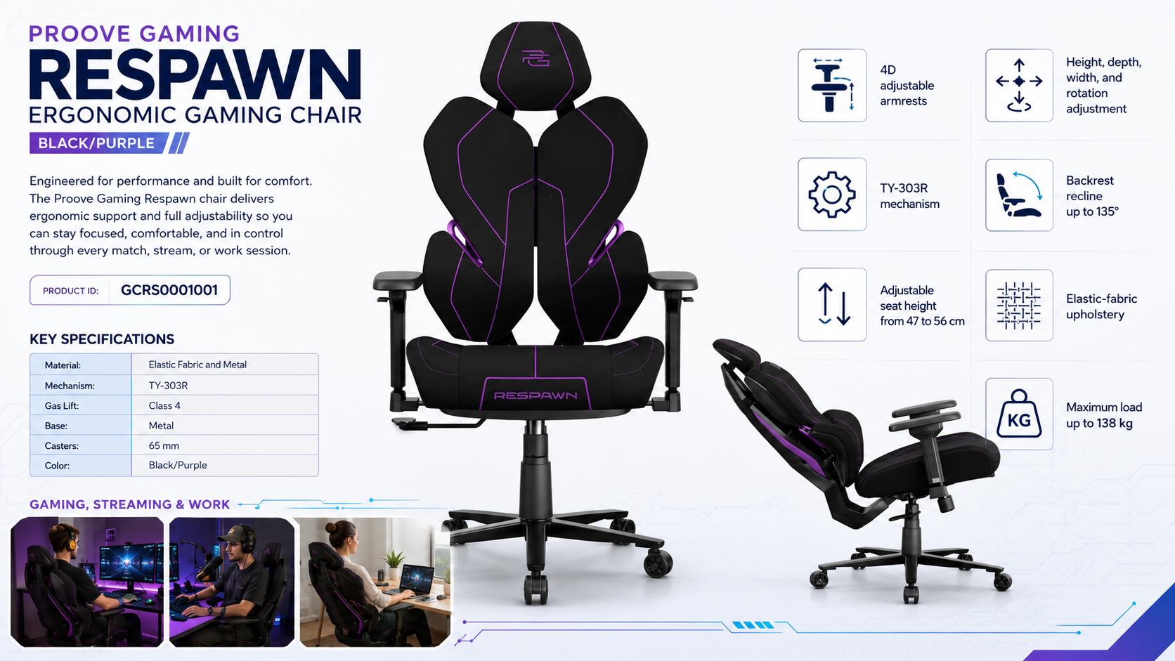 Proove Gaming Respawn Ergonomic Gaming Chair Black Purple Overview