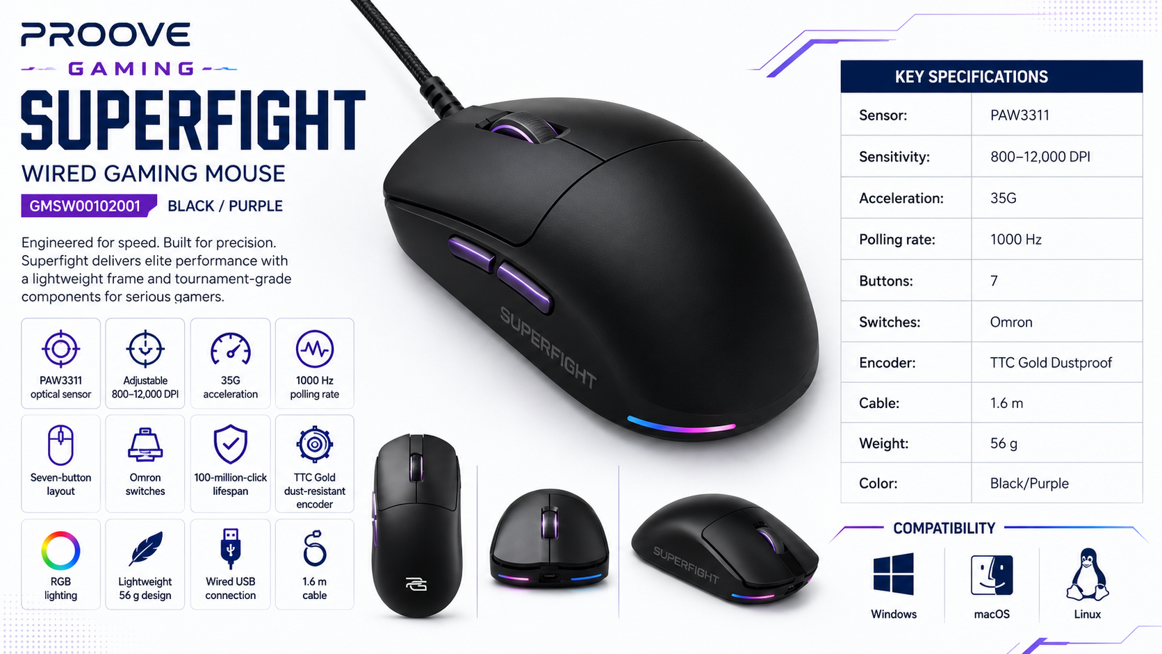 Proove Gaming Superfight Wired Gaming Mouse 12000 DPI Black Purple Overview