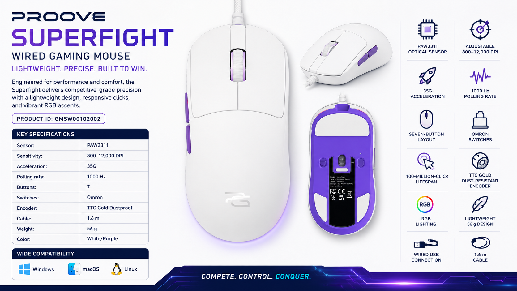 Proove Gaming Superfight Wired Gaming Mouse 12000 DPI White Purple Overview