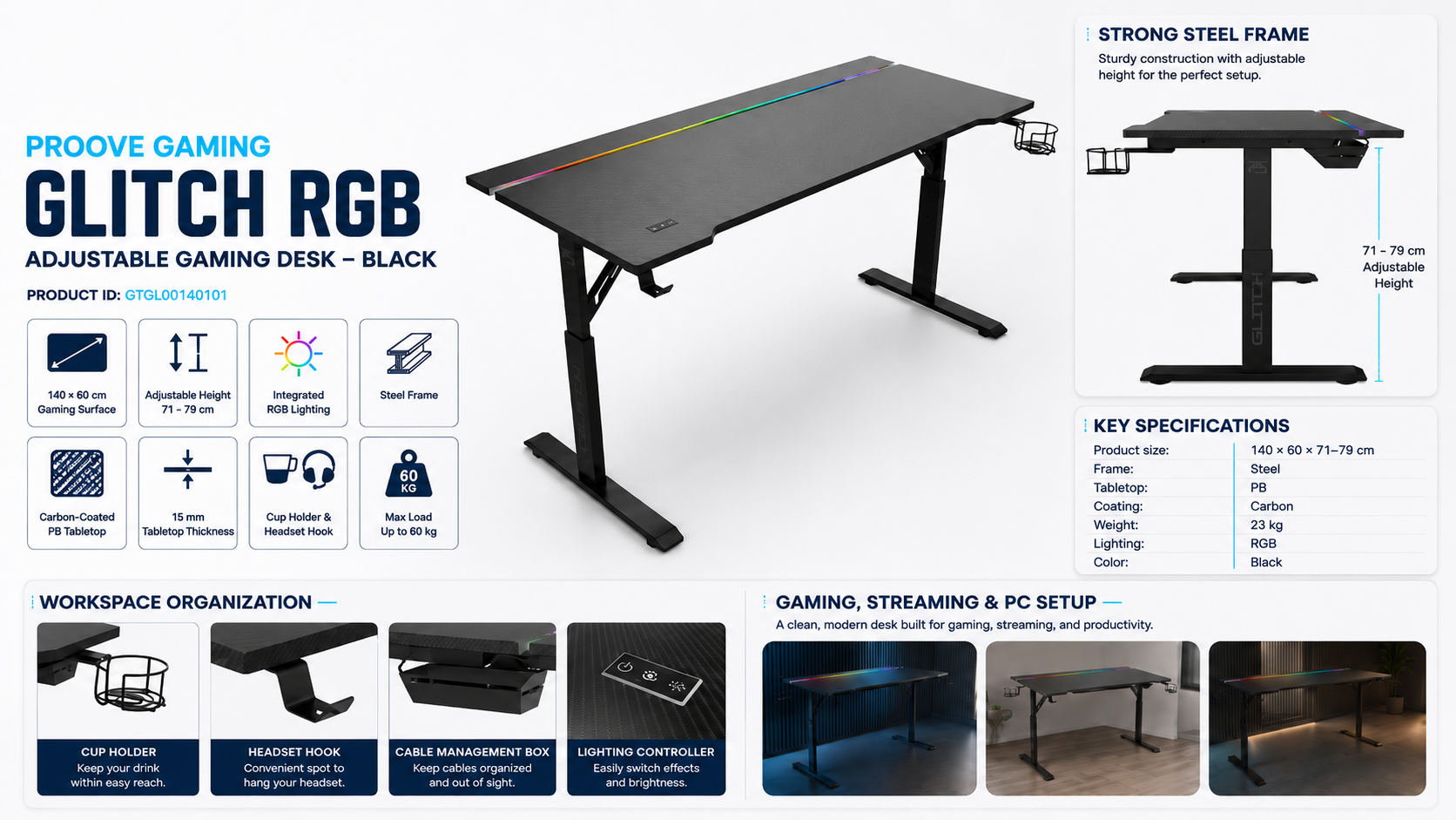 Proove Gaming Glitch RGB Adjustable Gaming Desk 140cm Black Overview