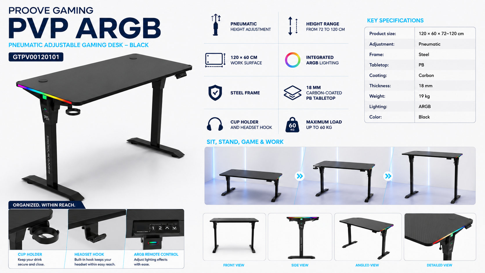 Proove Gaming PVP ARGB Pneumatic Adjustable Gaming Desk 120cm Black Overview