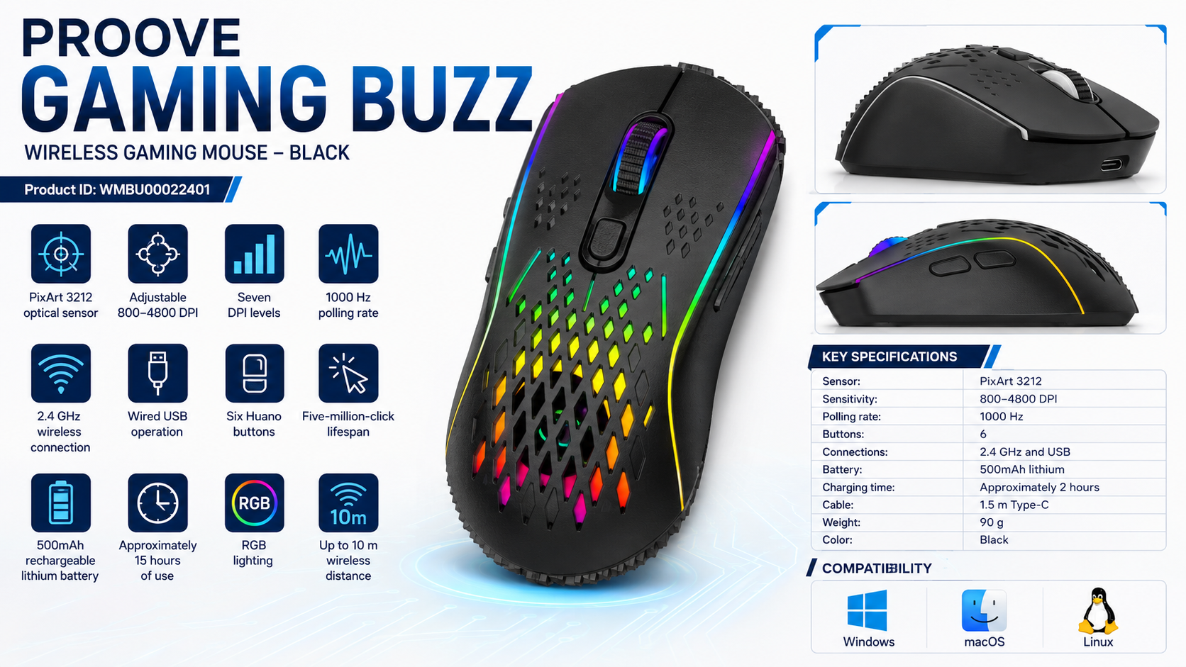 Proove Gaming Buzz Wireless Gaming Mouse 4800 DPI Black Overview