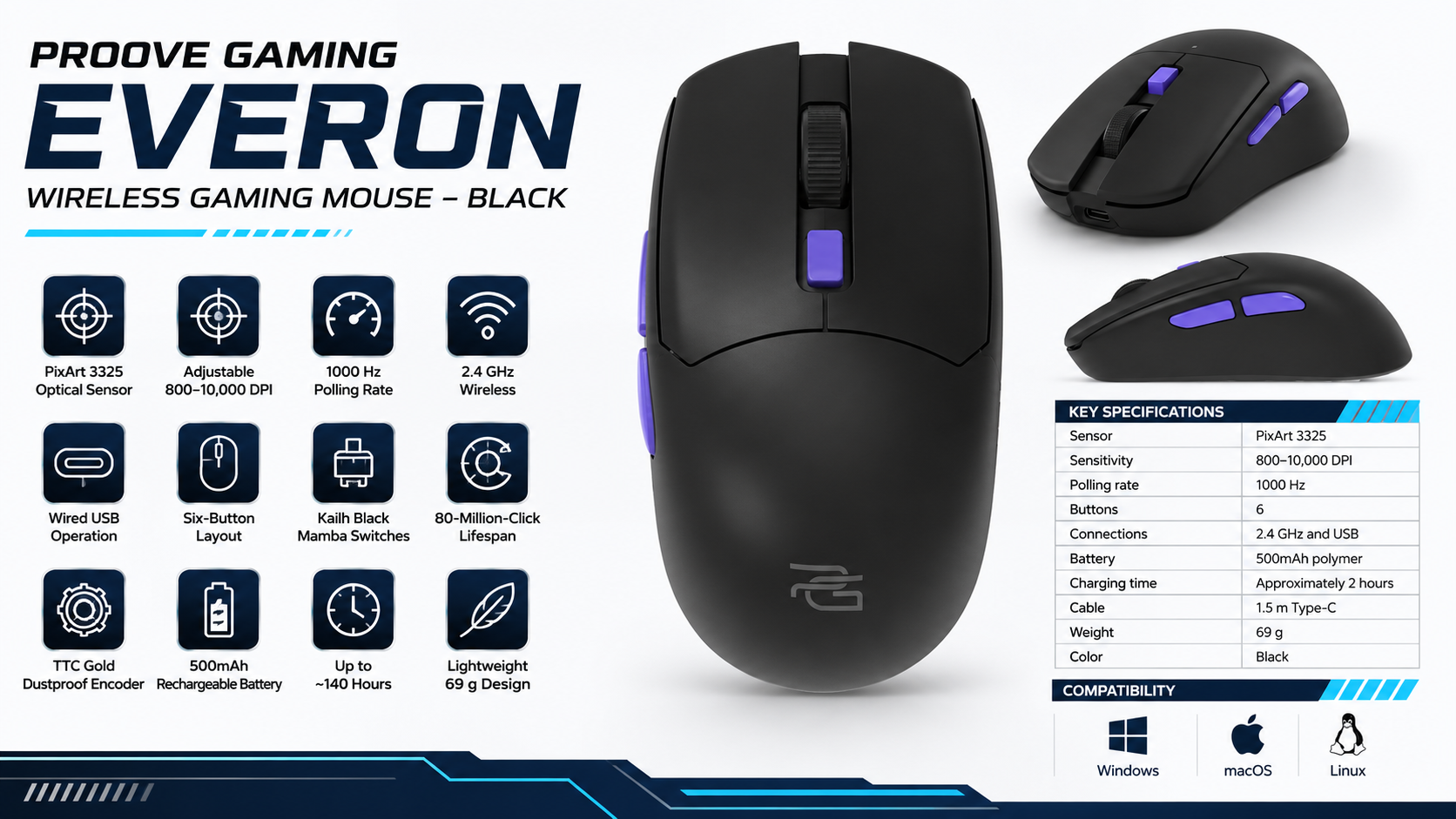 Proove Gaming Everon Wireless Gaming Mouse 10000 DPI Black Overview