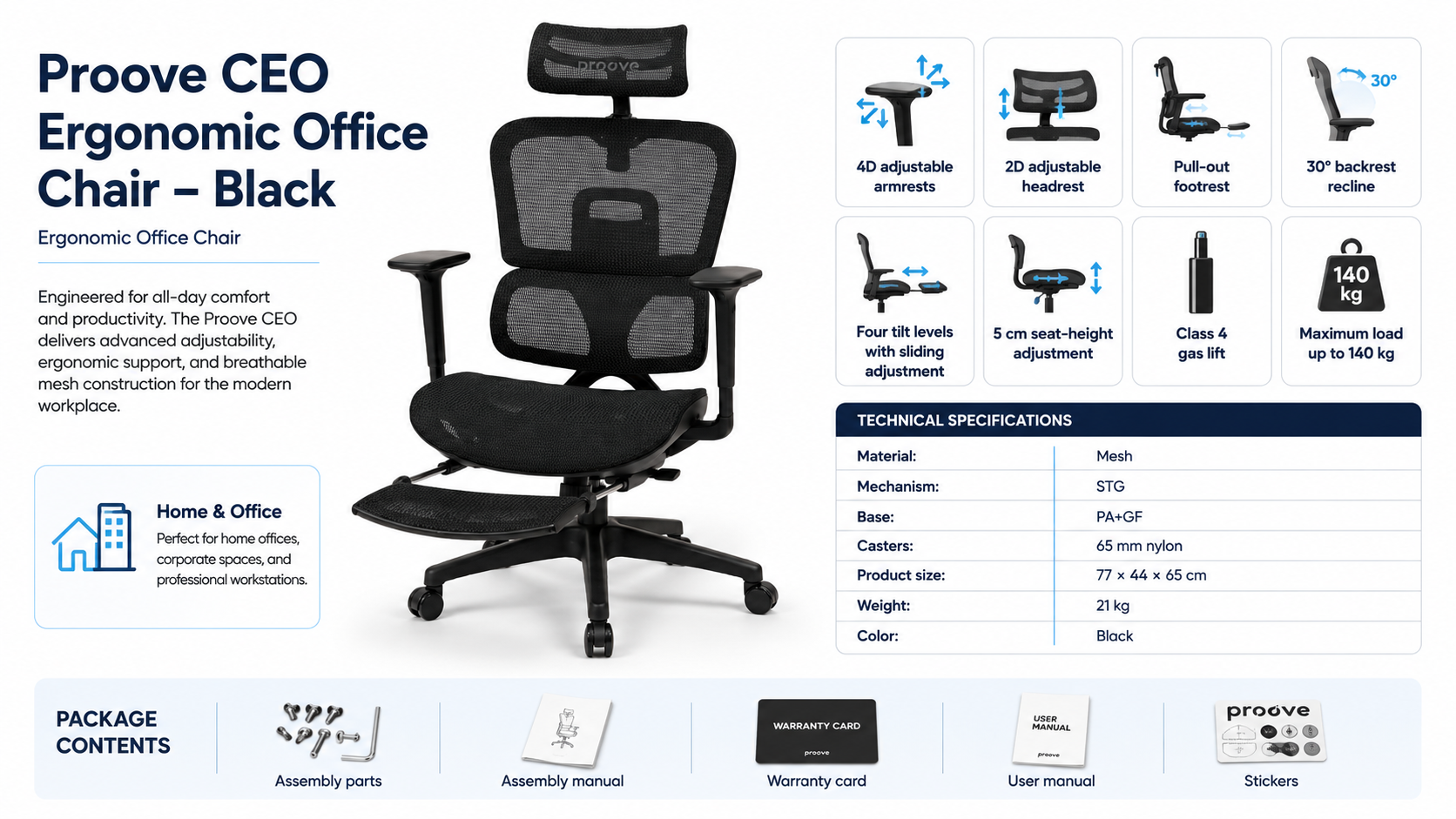 Proove CEO Ergonomic Office Chair with 4D Armrests and Footrest Black Overview