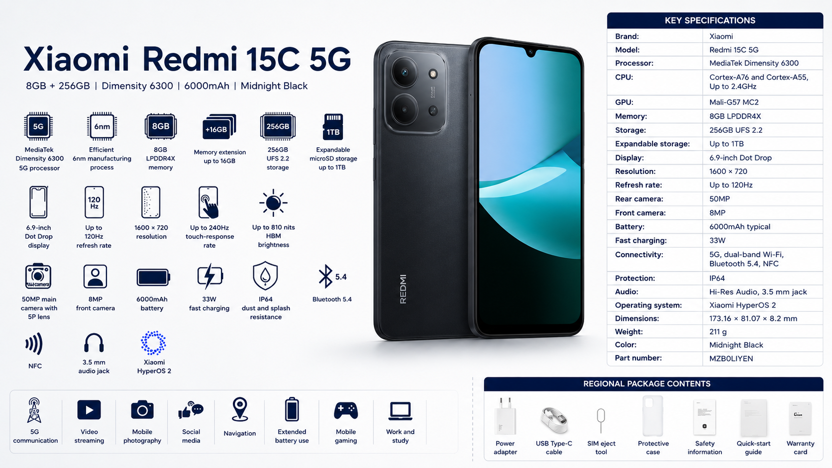 Xiaomi Redmi 15C 5G 8GB 256GB Midnight Black Overview