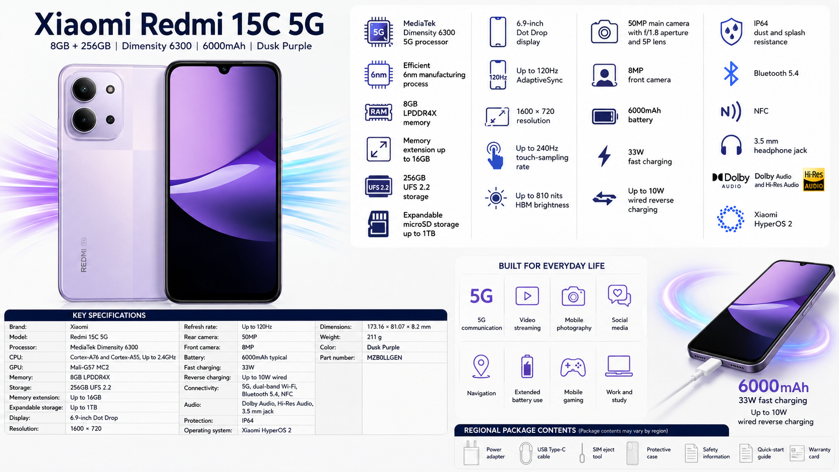 Xiaomi Redmi 15C 5G 8GB 256GB Dusk Purple Overview