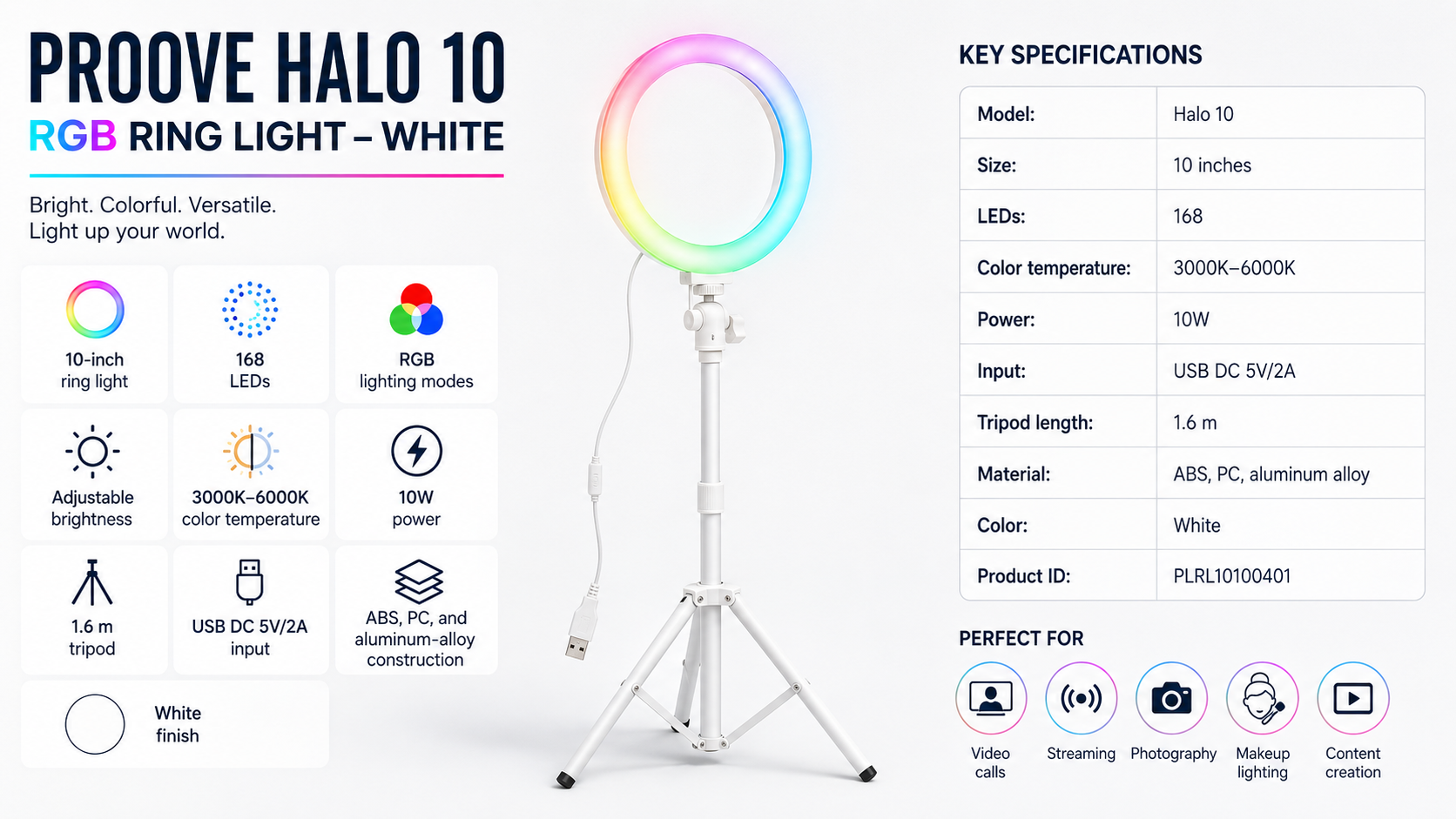 Proove Halo 10 RGB Ring Light 10W White Overview