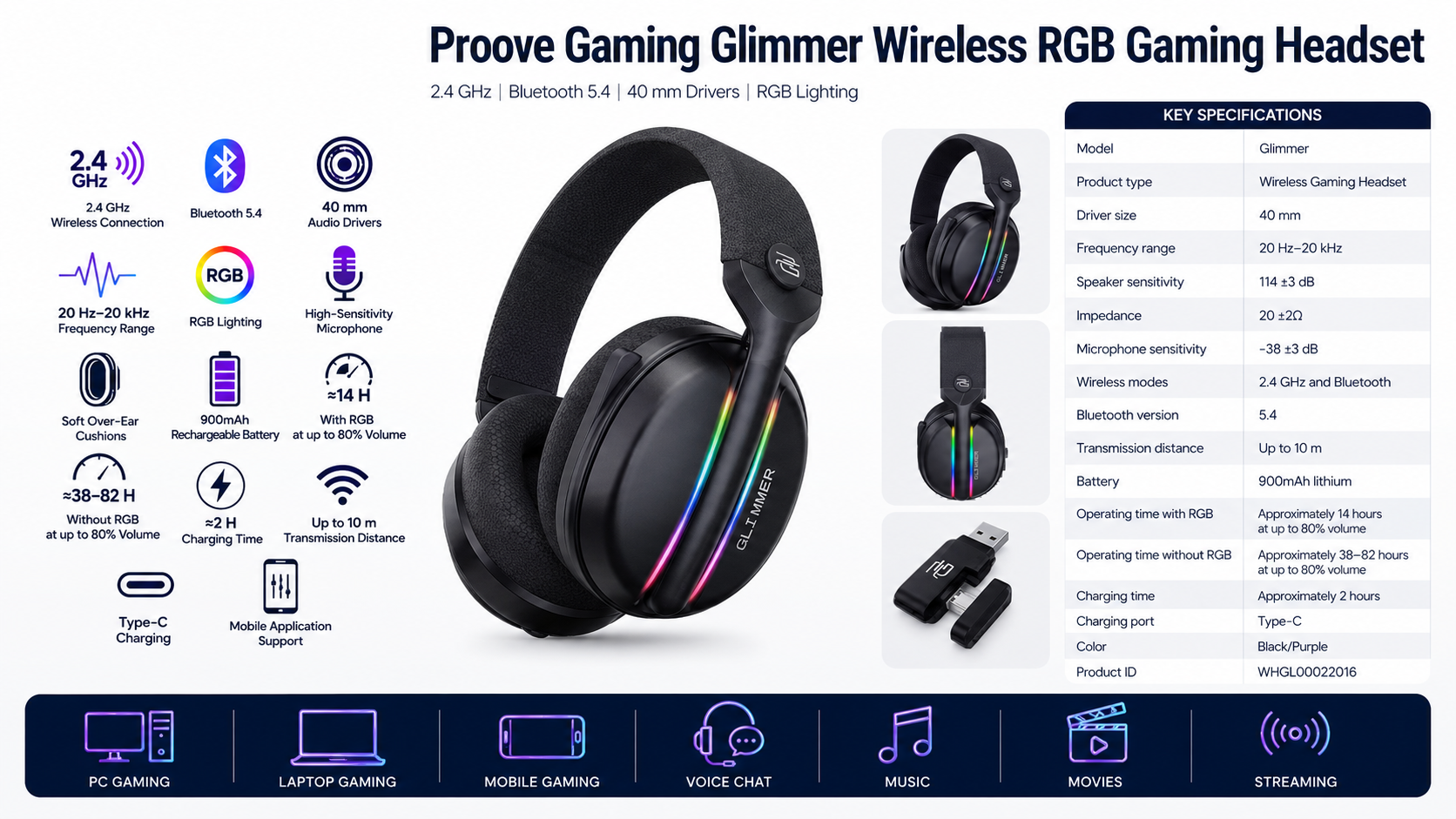 Proove Gaming Glimmer Wireless RGB Gaming Headset Black Purple Overview