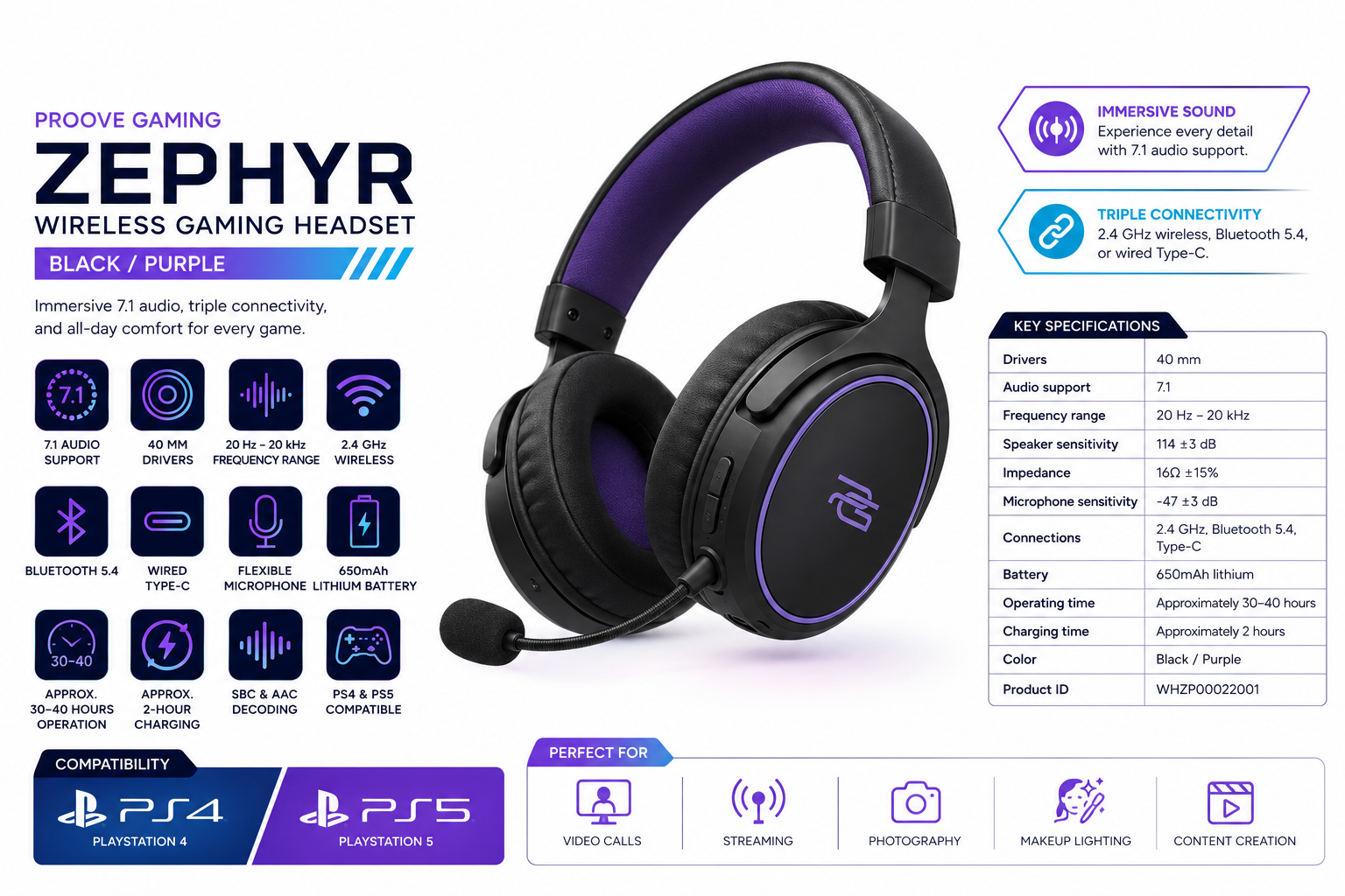 Proove Gaming Zephyr Wireless Gaming Headset Black Purple Overview