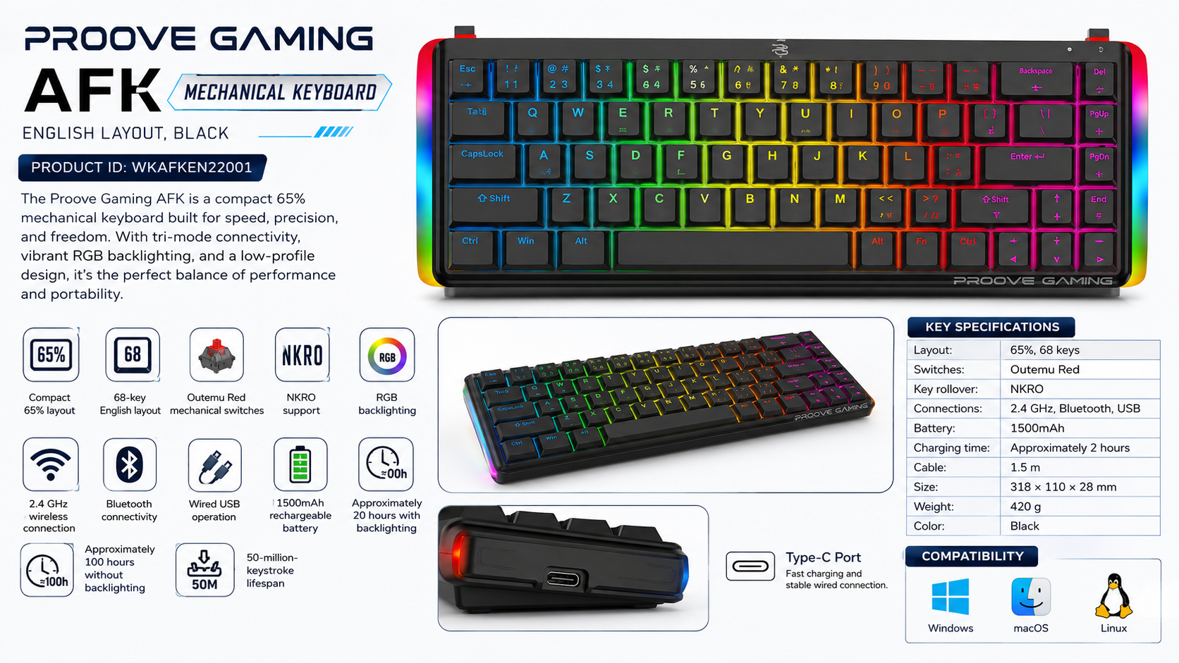 Proove Gaming AFK 65 Percent Wireless Mechanical Keyboard Black Overview