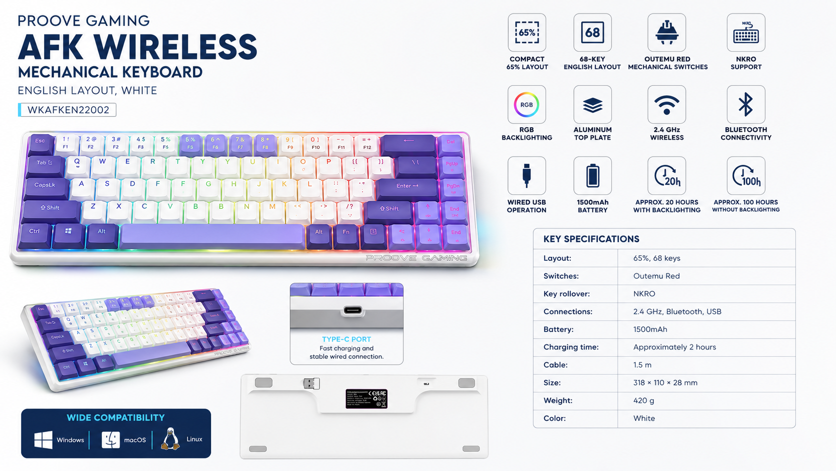 Proove Gaming AFK 65 Percent Wireless Mechanical Keyboard White Overview