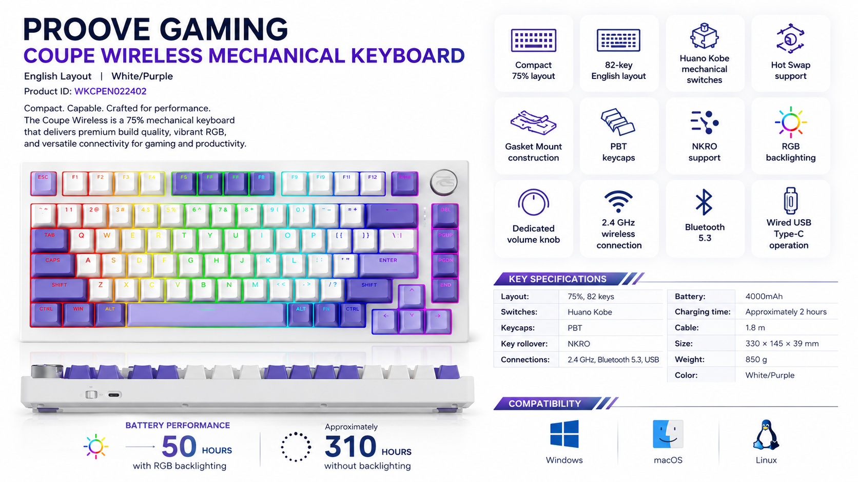 Proove Gaming Coupe 75 Percent Wireless Mechanical Keyboard White Purple Overview