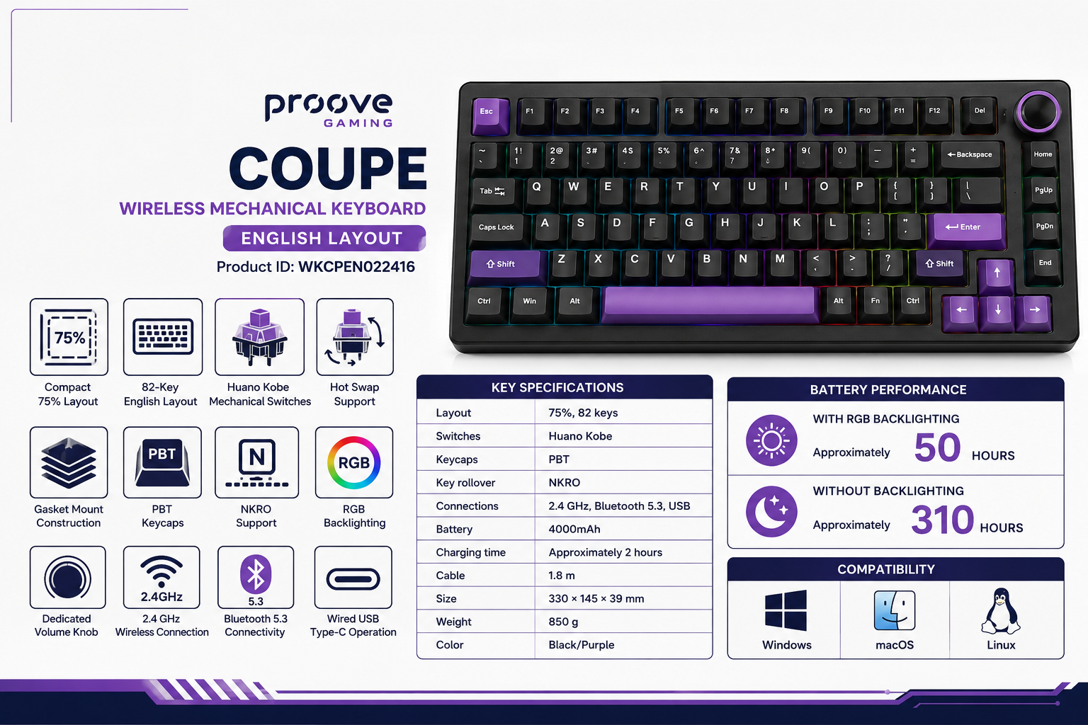 Proove Gaming Coupe 75 Percent Wireless Mechanical Keyboard Black Purple Overview