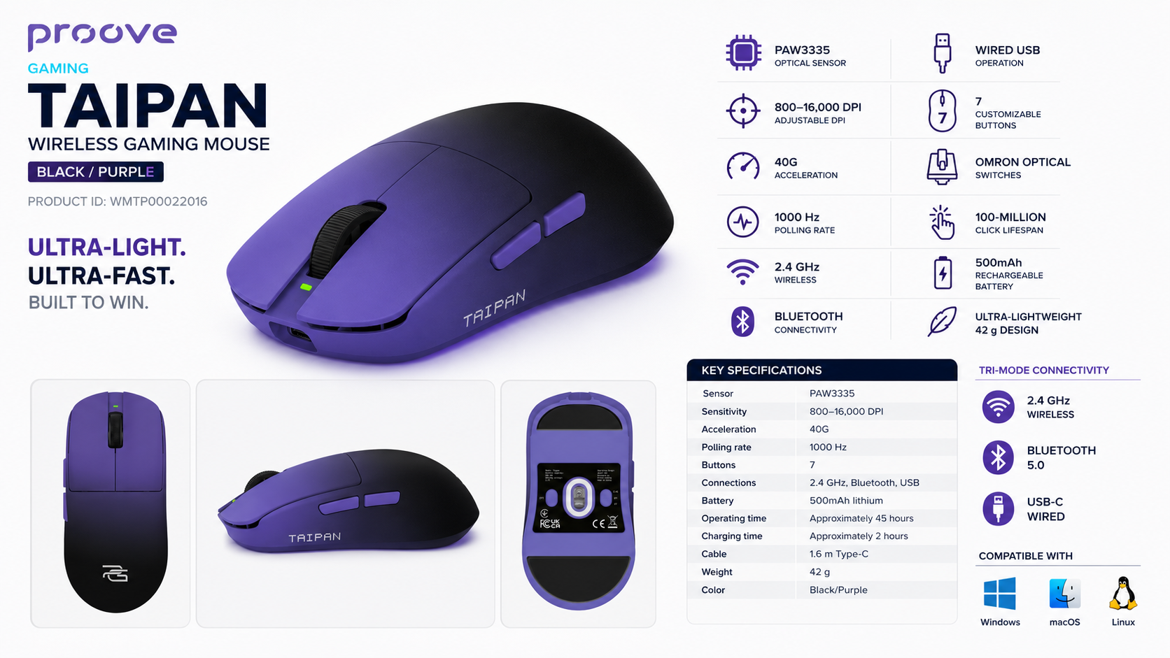 Proove Gaming Taipan Wireless Gaming Mouse Black Purple Overview